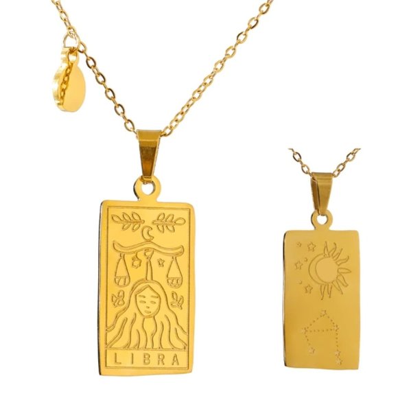 Jewelry - NEW 18K Gold Plated Libra Sign Zodiac Tarot Card Square Pendant Ne…